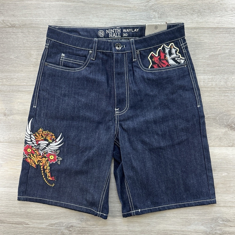 Ninth‎ Hall Size 30 Waylay Indigo Raw Denim Shorts Tiger Rose Embroidered